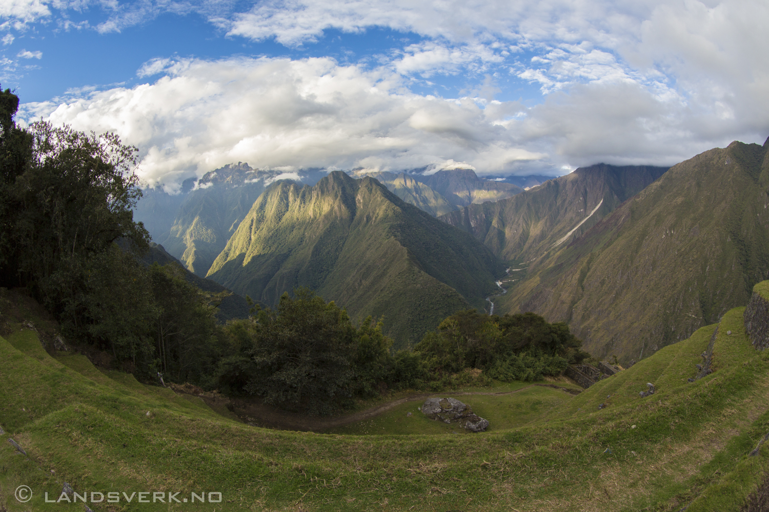 Walking the Inka Trail to Machu Picchu, Peru. Overlooking the Machu Picchu mountain and the Urubamba river. 

(Canon EOS 5D Mark III / Canon EF 8-15mm 
f/4 L USM Fisheye)